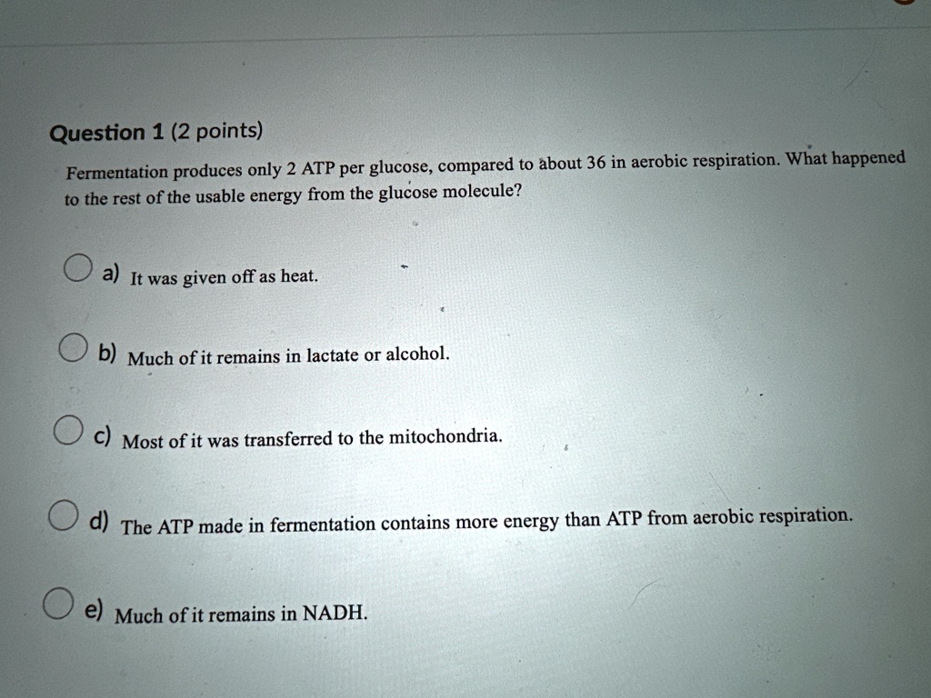 SOLVED Question 1 (2 points) Fermentation produces only 2 ATP per