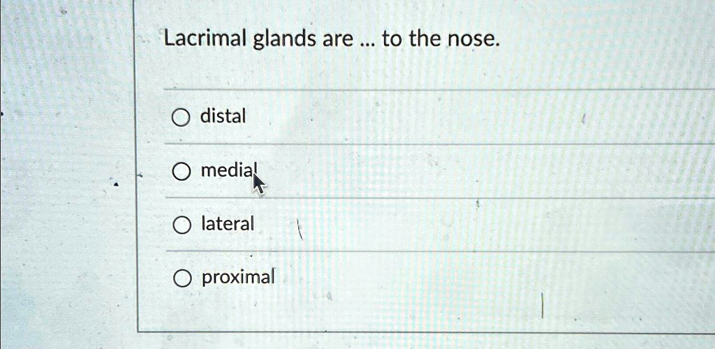 Lacrimal glands are ... to the nose. distal medial lateral proximal ...