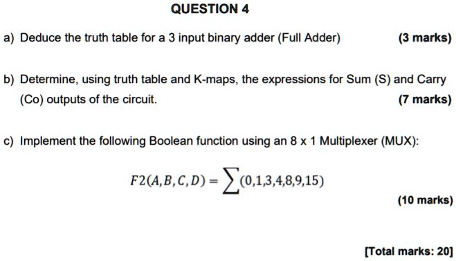SOLVED: QUESTION 4 a) Deduce the truth table for a 3-input binary adder ...