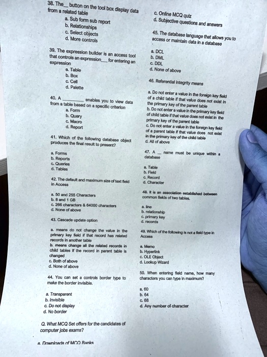 38thebutton on the tool box display data from a related table conine mcq quiz a sub form sub report d subjective questions and anwers brelationships cselect objects dmore controls 45the dat 63488