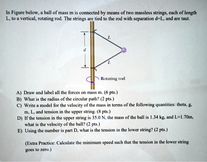 In Figure below, a ball of mass m is connected by means of two massless strings, each of length L, to a vertical, rotating rod. The strings are tied to the rod with separation d=L, and are taut.
A) Draw and label all the forces on mass m. (6 pts.)
B) What is the radius of the circular path? (2 pts.)
C) Write a model for the velocity of the mass in terms of the following quantities: theta, g, m, L, and tension in the upper string. (8 pts.)
D) If the tension in the upper string is 35.0 N, the mass of the ball is 1.34 kg, and L=1.70m, what is the velocity of the ball? (2 pts.)
E) Using the number is part D, what is the tension in the lower string? (2 pts.)
(Extra Practice: Calculate the minimum speed such that the tension in the lower string goes to zero.)