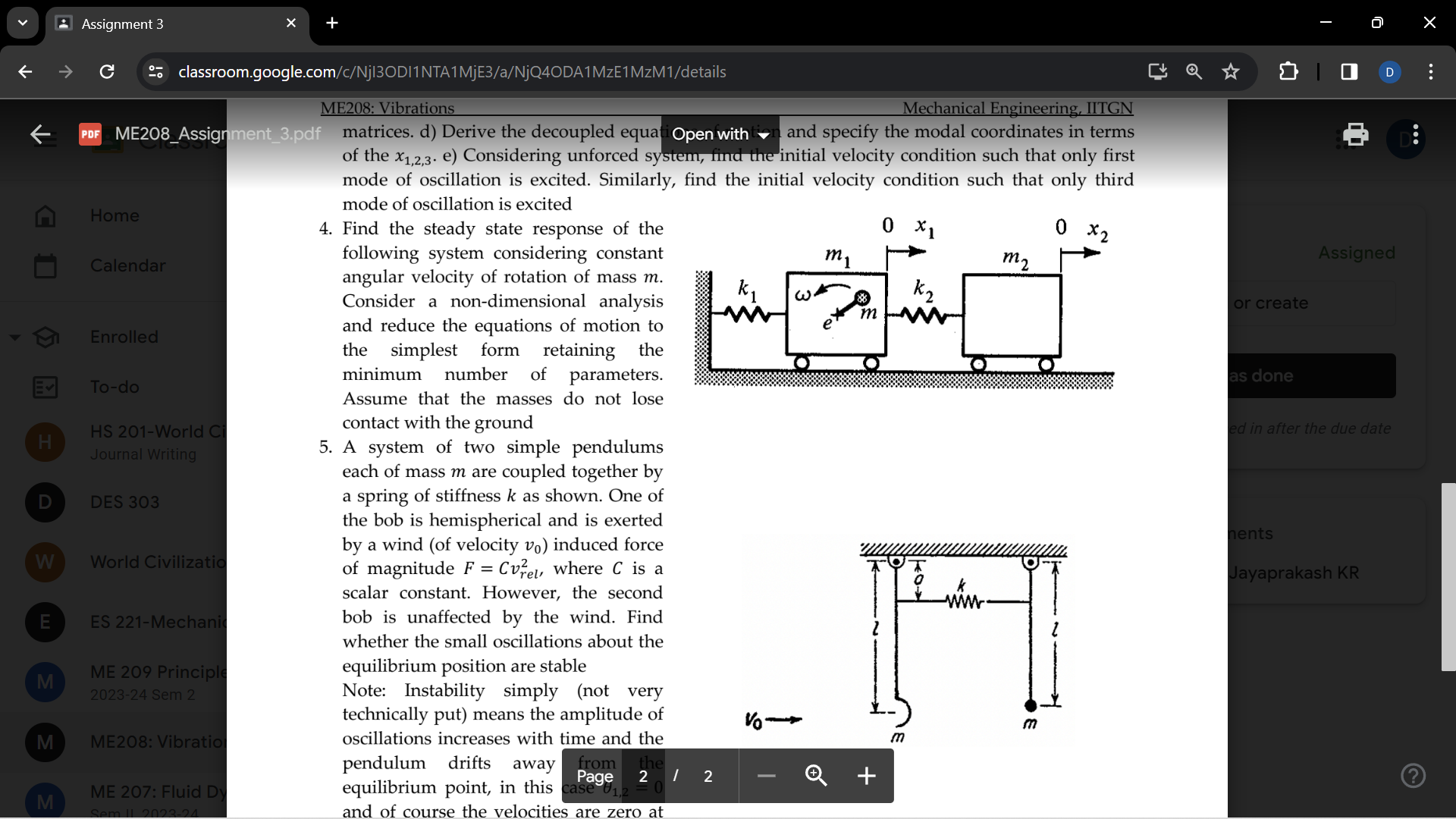 SOLVED ME208 Vibrations Mechanical Engineering, IITGN matrices. d) Derive the decoupled