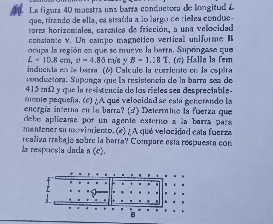 20. La figura 40 muestra una barra conductora de longitud L que, tirando de ella, es atra