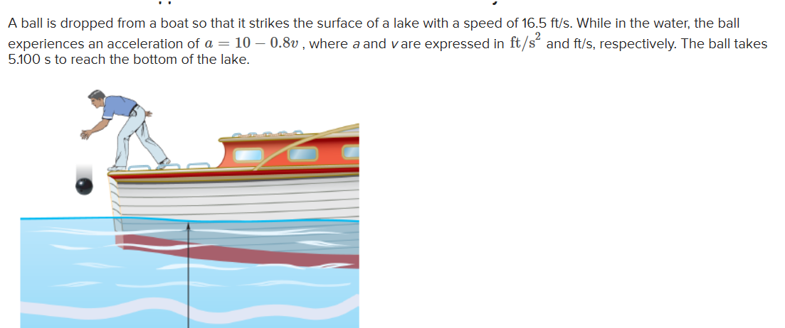A ball is dropped from a boat so that it strikes the surface of a lake with a speed of 16.5 ft / s. While in the water, the ball experiences an acceleration of a=10-0.8 v, where a and v are expressed in ft / s^2 and ft / s, respectively. The ball takes 5.100 s to reach the bottom of the lake.