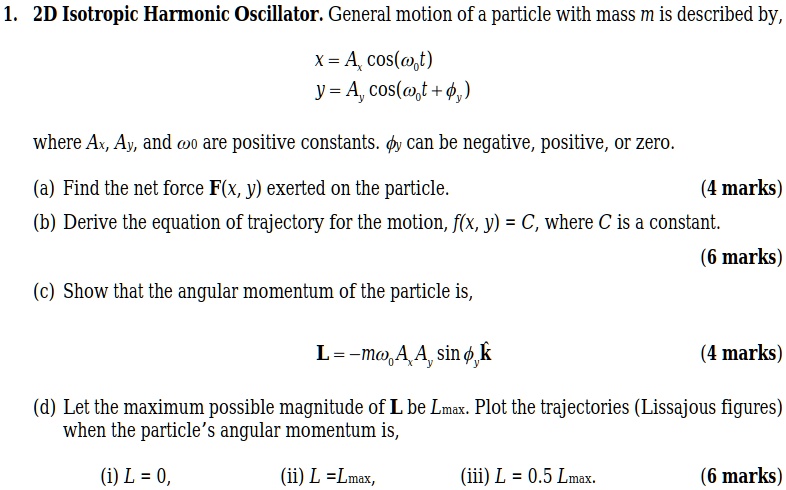 Solved 2d Isotropic Harmonic Oscillator General Motion Of A Particle With Mass M Is Described By X A Cos Ost Y A Cos Ost Where A Ay And 0 Are Positive Constants Dy Can