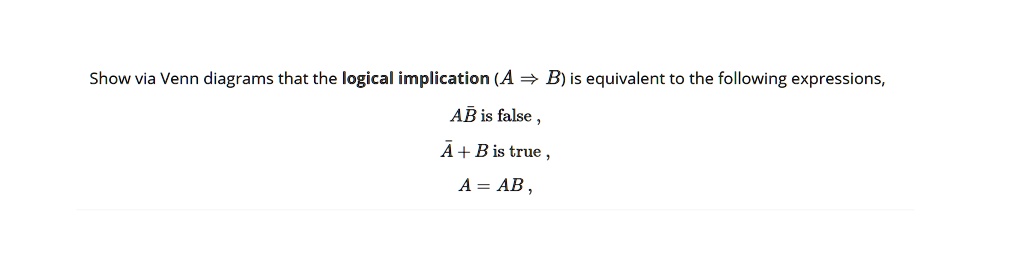 SOLVED: Show Via Venn Diagrams That The Logical Implication (A => B) Is ...