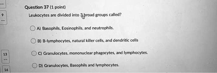 Leukocytes are divided into 3 broad groups called?
A) Basophils, Eosinophils, and neutrophils.
B) B-lymphocytes, natural killer cells, and dendritic cells
C) Granulocytes, mononuclear phagocytes, and lymphocytes.
D) Granulocytes, Basophils and lymphocytes.