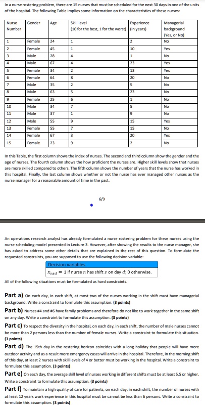 in a nurse rostering problem there are 15 nurses that must be scheduled for the next 30 days in ane of the units of the hospital the following table implies some information on the character 72708