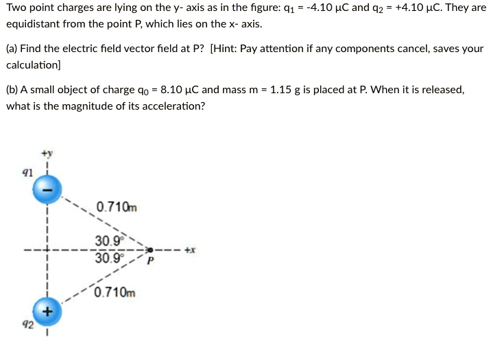 Two point charges are lying on the y- axis as in the figure: q1 = -4.10 µC and q2 = +4.10 µC. They are equidistant from the point P, which lies on the x- axis.
(a) Find the electric field vector field at P? [Hint: Pay attention if any components cancel, saves your calculation]
(b) A small object of charge q0 = 8.10 µC and mass m = 1.15 g is placed at P. When it is released, what is the magnitude of its acceleration?