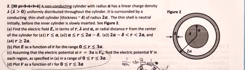 2. [30 pt=9+6+9+6] A non-conducting cylinder with radius a has a linear charge density
λ (λ > 0) uniformly distributed throughout the cylinder. It is surrounded by a
conducting thin-shell cylinder (thickness ∼δ) of radius 2a. The thin shell is neutral
initially, before the inner cylinder is slowly inserted. See Figure 2.
Figure 2
(a) Find the electric field E, in terms of r, λ, and a, at radial distance r from the center
of the cylinder for (a1) r ≤ a, (a2) a ≤ r ≤ 2a - δ, (a3) 2a - δ < r < 2a, and
(a4) r ≥ 2a.
(b) Plot E as a function of r for the range 0 ≤ r ≤ 3a.
(c) Assuming that the electric potential at r = 3a is V0, find the electric potential V in
each region, as specified in (a) in a range of 0 ≤ r ≤ 3a.
(d) Plot V as a function of r for 0 ≤ r ≤ 3a