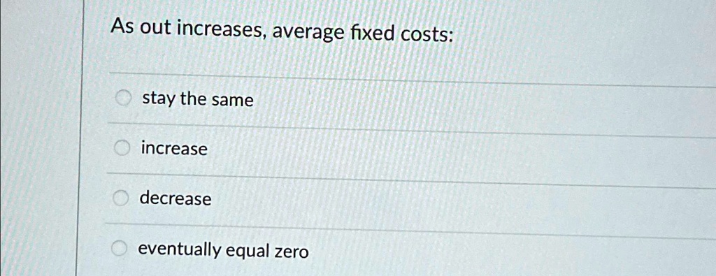 Solved As Out Increases Average Fixed Costs Stay The Same Increase Decrease Eventually Equal 0970