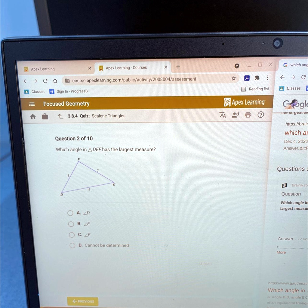 SOLVED 'Which angle in triangle DEF has the largest measure? Α. D Β. Ε