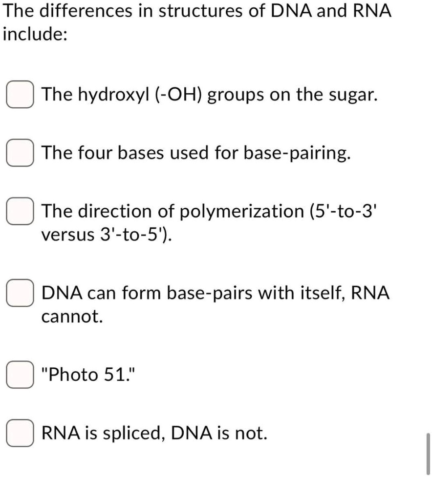 SOLVED The differences in structures of DNA and RNA include The