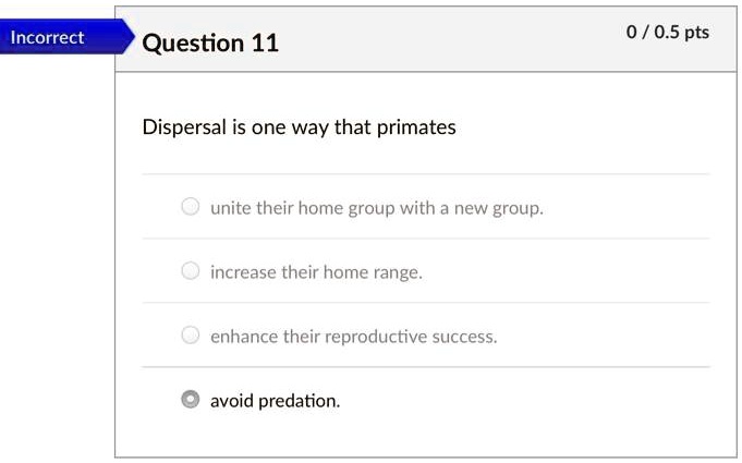 Question 11
Dispersal is one way that primates
unite their home group with a new group.
increase their home range.
enhance their reproductive success.
avoid predation.