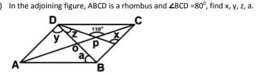 In the adjoining figure, ABCD is a rhombus and ∠ BCD = 80^∘, find x, y ...