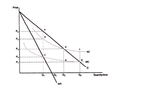 Price
P5
a
P4
b
P3
d
f
AC
P2
c
e
g
MC
P1
D
Q1
Q2
Q3
Q4
Quantity/time
MR