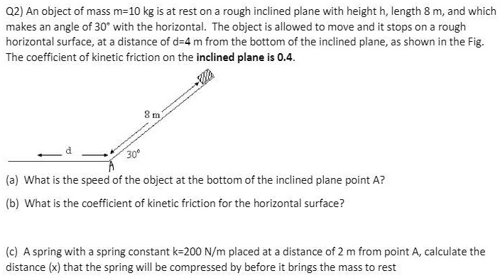 An object of mass m=10 kg is at rest on a rough inclined plane with height h, length 8 m, and which makes an angle of 30° with the horizontal. The object is allowed to move and it stops on a rough horizontal surface, at a distance of d=4 m from the bottom of the inclined plane, as shown in the Fig. The coefficient of kinetic friction on the inclined plane is 0.4.
(a) What is the speed of the object at the bottom of the inclined plane point A?
(b) What is the coefficient of kinetic friction for the horizontal surface?
(c) A spring with a spring constant k=200 N/m placed at a distance of 2 m from point A, calculate the distance (x) that the spring will be compressed by before it brings the mass to rest