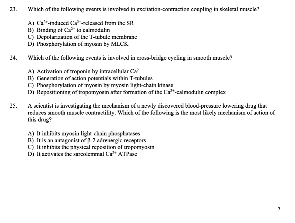 23.
Which of the following events is involved in excitation-contraction coupling in skeletal muscle?
A) Ca^2+-induced Ca^2+-released from the SR
B) Binding of Ca^2+ to calmodulin
C) Depolarization of the T-tubule membrane
D) Phosphorylation of myosin by MLCK
24.
Which of the following events is involved in cross-bridge cycling in smooth muscle?
A) Activation of troponin by intracellular Ca^2+
B) Generation of action potentials within T-tubules
C) Phosphorylation of myosin by myosin light-chain kinase
D) Repositioning of tropomyosin after formation of the Ca^2+-calmodulin complex
25.
A scientist is investigating the mechanism of a newly discovered blood-pressure lowering drug that
reduces smooth muscle contractility. Which of the following is the most likely mechanism of action of
this drug?
A) It inhibits myosin light-chain phosphatases
B) It is an antagonist of β-2 adrenergic receptors
C) It inhibits the physical reposition of tropomyosin
D) It activates the sarcolemmal Ca^2+ ATPase
7