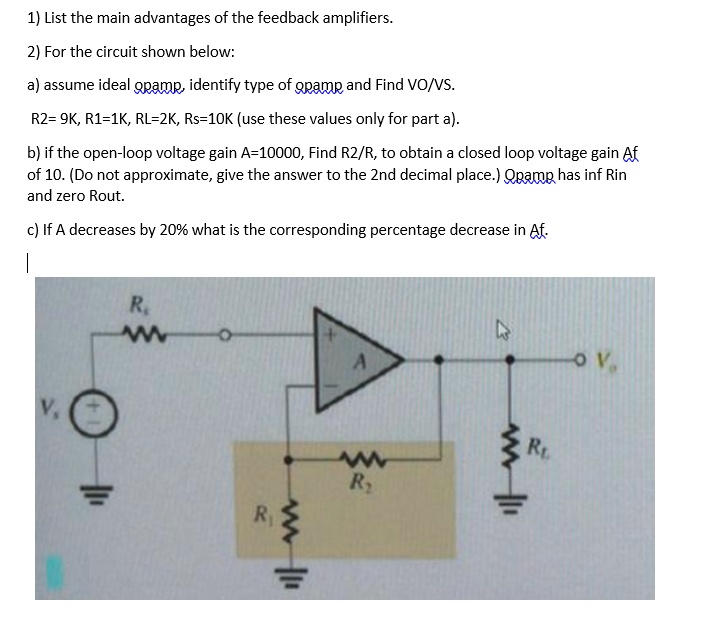 SOLVED 1) List the main advantages of feedback amplifiers. 2) For the