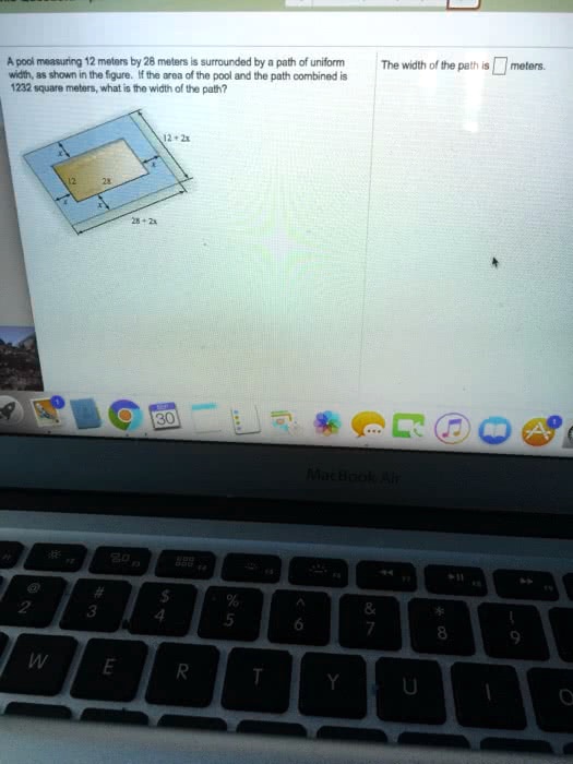 A pool measuring 12 meters by 28 meters is surrounded by a path of ...