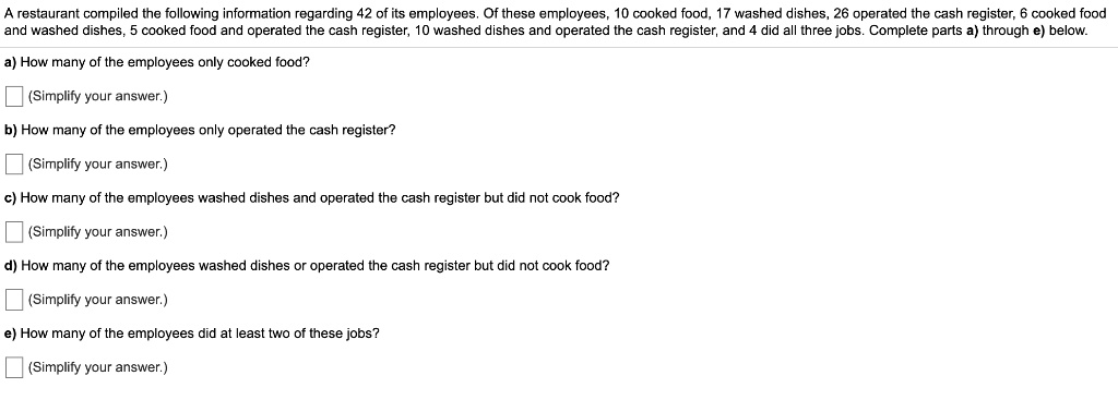 A restaurant compiled the following information regarding 42 of its employees. Of these employees, 10 cooked food, 17 washed dishes, 26 operated the cash register, 6 cooked food and washed dishes, 5 cooked food and operated the cash register, 10 washed dishes and operated the cash register, and 4 did all three jobs. Complete parts a) through e) below.

a) How many of the employees only cooked food?
(Simplify your answer.)

b) How many of the employees only operated the cash register?
(Simplify your answer.)

c) How many of the employees washed dishes and operated the cash register but did not cook food?
(Simplify your answer.)

d) How many of the employees washed dishes or operated the cash register but did not cook food?
(Simplify your answer.)

e) How many of the employees did at least two of these jobs?
(Simplify your answer.)