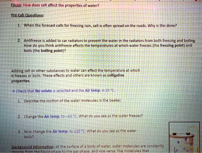 SOLVED Focus How does salt affect the properties of water? PreLab Questions When the