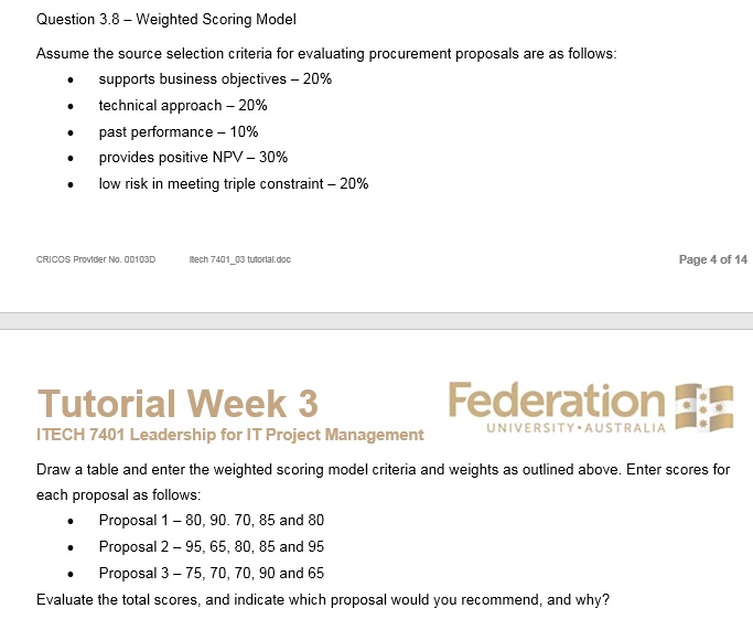 Question 3.8 - Weighted Scoring Model Assume the source selection ...