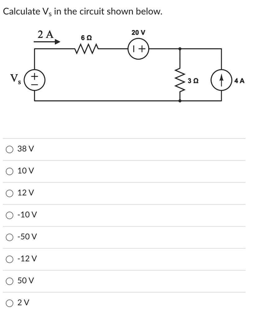SOLVED: Calculate Vs in the circuit shown below. 2 A 20 V 6 Î© 3 Î© 4 A ...