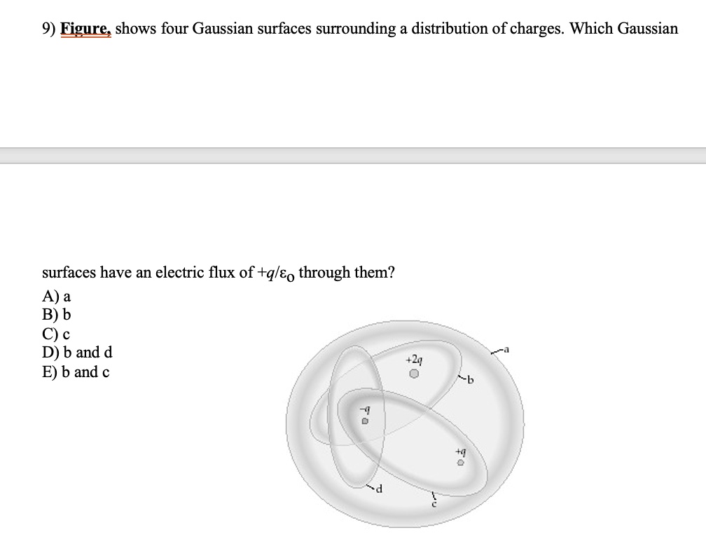 9 figure shows four gaussian surfaces surrounding a distribution of charges which gaussian surfaces have an electric flux of qepsilon0 through them a a b b c c d b and d e b and c 11598