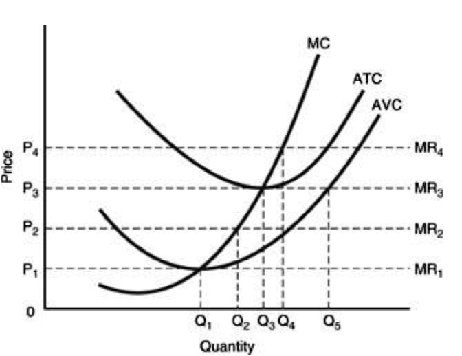 Price
P4
P3
P2
P1
0
Q1 Q2 Q3 Q4 Q5
Quantity
MC
ATC
AVC
MR4
MR3
MR2
MR1
