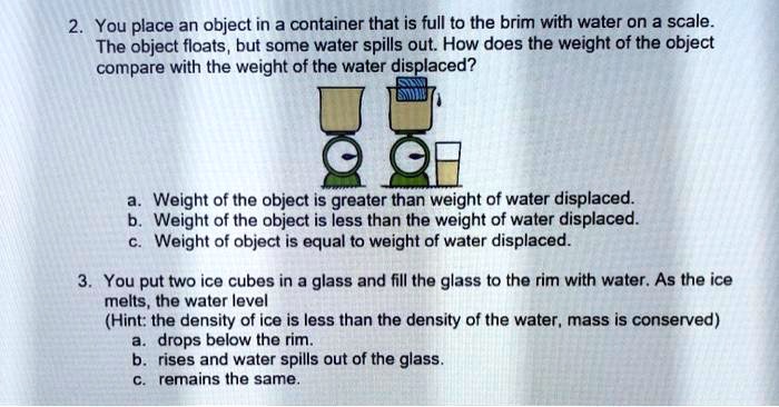 2. You place an object in a container that is full to the brim with water on a scale. The object floats, but some water spills out. How does the weight of the object compare with the weight of the water displaced?
a. Weight of the object is greater than weight of water displaced.
b. Weight of the object is less than the weight of water displaced.
c. Weight of object is equal to weight of water displaced.
3. You put two ice cubes in a glass and fill the glass to the rim with water. As the ice melts, the water level
(Hint: the density of ice is less than the density of the water, mass is conserved)
a. drops below the rim.
b. rises and water spills out of the glass.
c. remains the same.