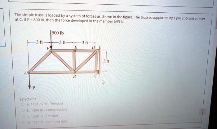 The simple truss is loaded by a system of forces as shown in the figure. The truss is supported by a pin at D and a roller at C. If P = 800 lb, then the force developed in the member (AF) is.
500 lb
3 ft 3 ft 3 ft
3 ft
A B C
Select one:
a. 1131.37 lb - Tension
b. 1000 lb - Compression
c. 1200 lb - Tension
d. 1020 lb - Compression