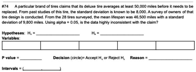 A particular brand of tires claims that its deluxe tire averages at least 50,000 miles before it needs to be replaced. From past studies of this tire, the standard deviation is known to be 8,000. A survey of owners of that tire design is conducted. From the 28 tires surveyed, the mean lifespan was 46,500 miles with a standard deviation of 9,800 miles. Using alpha = 0.05, is the data highly inconsistent with the claim?

Hypotheses: H0 = Ha =
Variables:

P value = Decision (circle)= Accept H0 or Reject H0 Reason =

Intervals = ( )