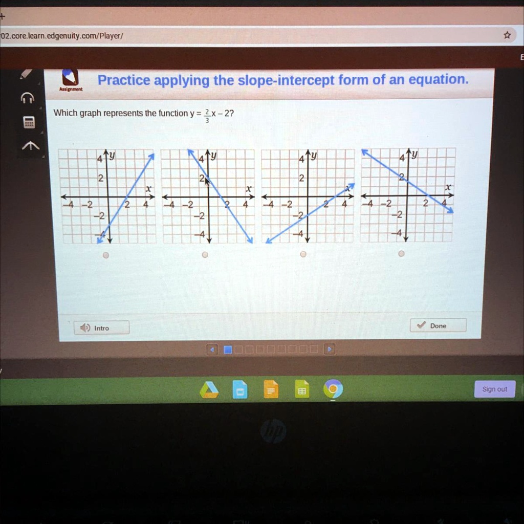 Solved Which Graph Represents The Function Y 2 3x 2 J02 Core Learn Edgenuity Com Player Practice Applying The Slope Intercept Form Of An Equation Which Graph Represents The Function Y 2x 2 Intro Done