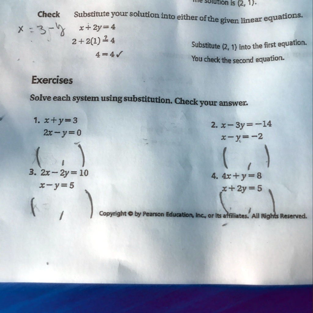 Solved I Need To Find The Solution Of These 4 Questions Using Substitution I M Super Stuck Tc Suiution Is 2 1 Check Substitute Your Solution Into Either Ofthe Given Linear Equations X 3