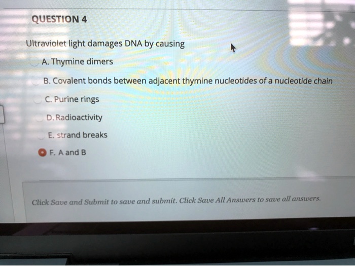 SOLVED: QUESTION 4 Ultraviolet light damages DNA by causing Thymine dimers B. Covalent bonds between thymine nucleotides of a nucleotide chain C. Purine rings E: strand breaks F. Aand