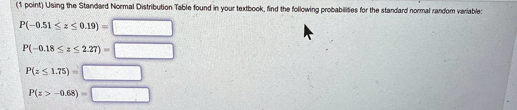 1 point using the standard normal distribution table found in your textbook find the following probabilities for the standard normal random variable p 051 z 019 p 018 z 227 pz 175 pz 068 17834