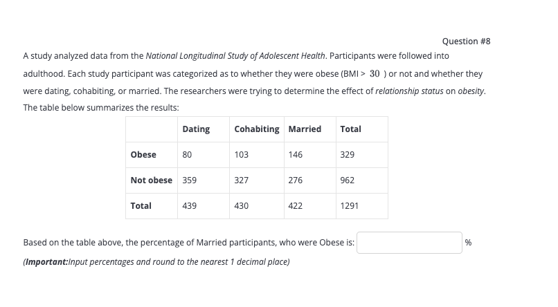 SOLVED Question 8 A study analyzed data from the National