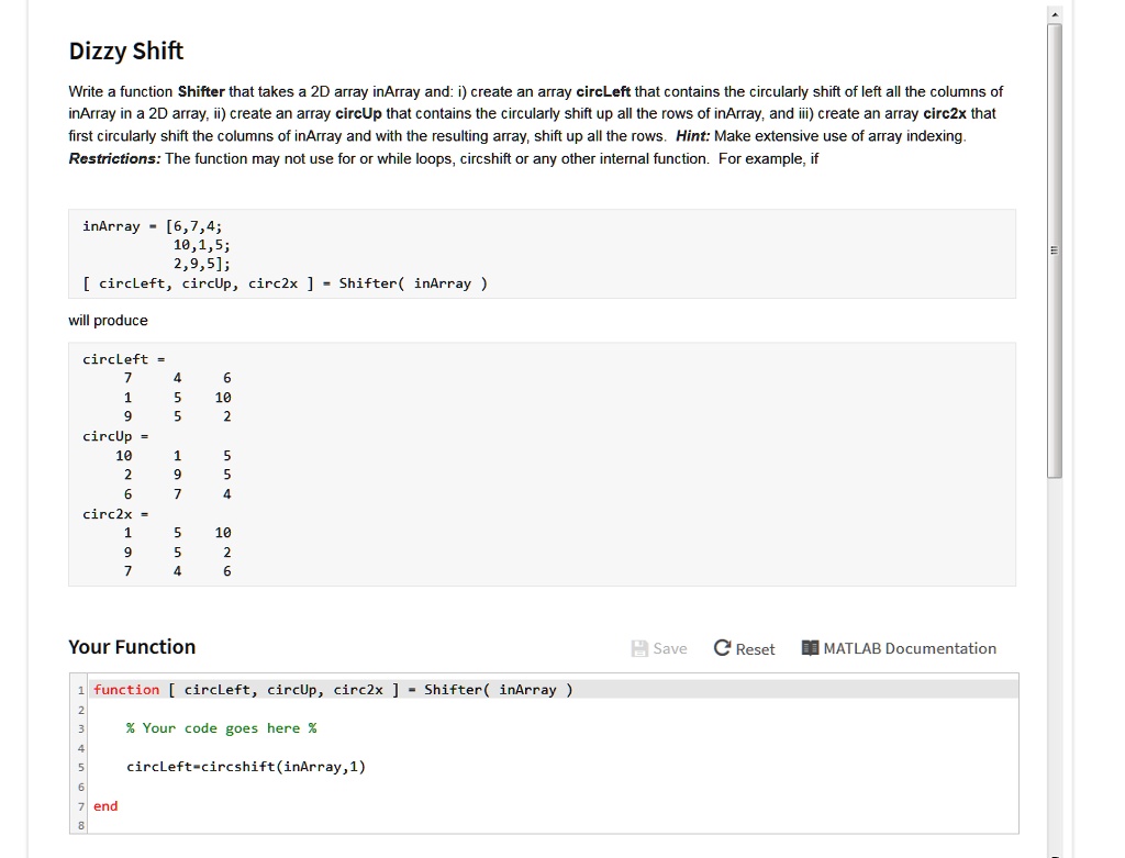 SOLVED: This is MATLAB. We need to do circular shifts of the array. It ...