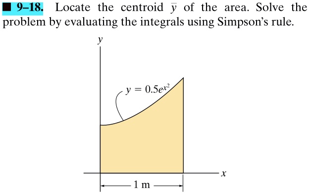 9 18 locate the centroid bary of the area solve the problem by evaluating the integrals using simpsons rule y 05ex2 1 m 42533