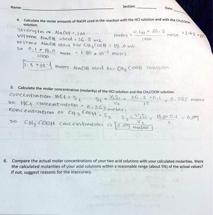 Solved Calculate The Molar Amounts Of Naoh Used In The Reaction With The Hcl Solution And With