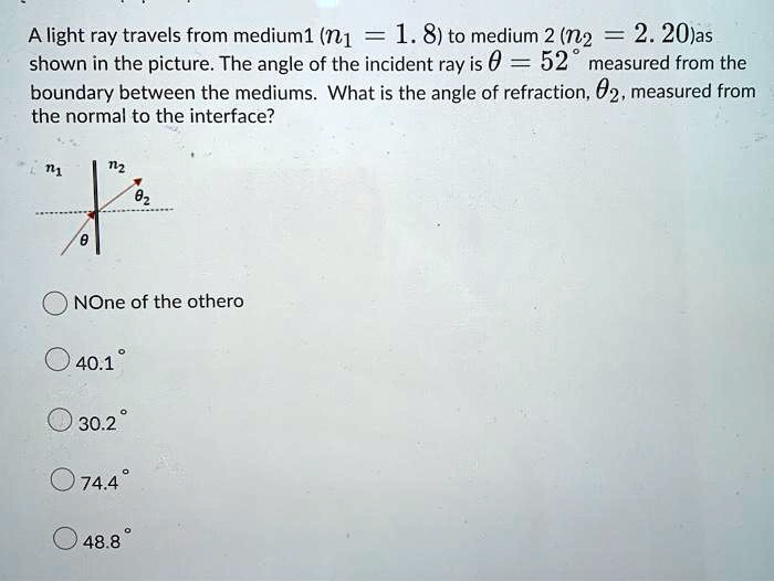 SOLVED: A light ray travels from medium 1 (n1 = 1.8) to medium 2 (n2 ...
