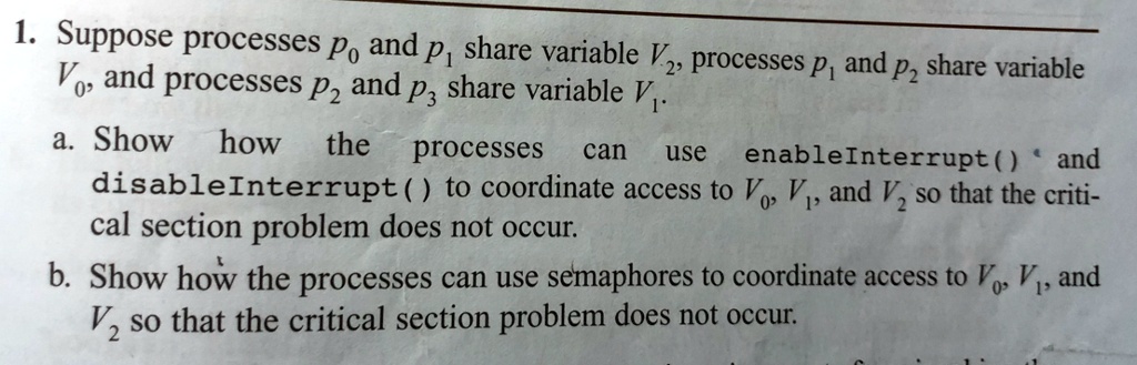 Texts: 1. Suppose processes Po and P1 share variable V2, processes P2 ...