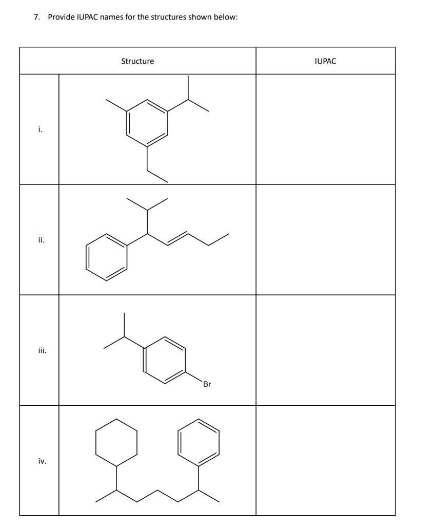 Provide IUPAC names for the structures shown below: 7. Provide IUPAC ...