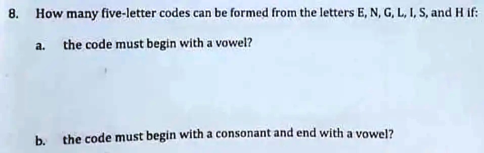 How many five-letter codes can be formed from the letters E, N, G, L, S ...