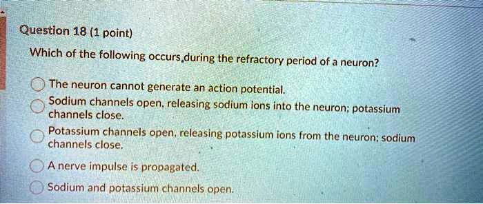 Which of the following occurs during the refractory period of a neuron?

The neuron cannot generate an action potential.
Sodium channels open, releasing sodium ions into the neuron; potassium channels close.
Potassium channels open, releasing potassium ions from the neuron; sodium channels close.
A nerve impulse is propagated.
Sodium and potassium channels open.