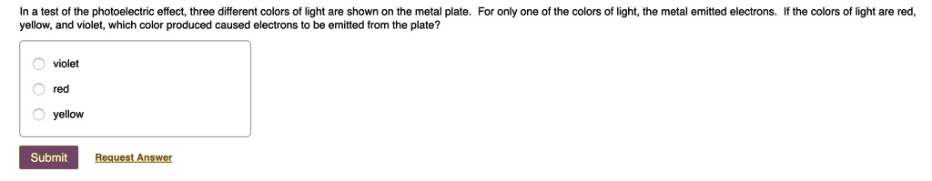test of the photoelectric effect three different colors of light are shown on the metal plate for only one of the colors of light the metal emitted electrons  the colors of light are red y 77153