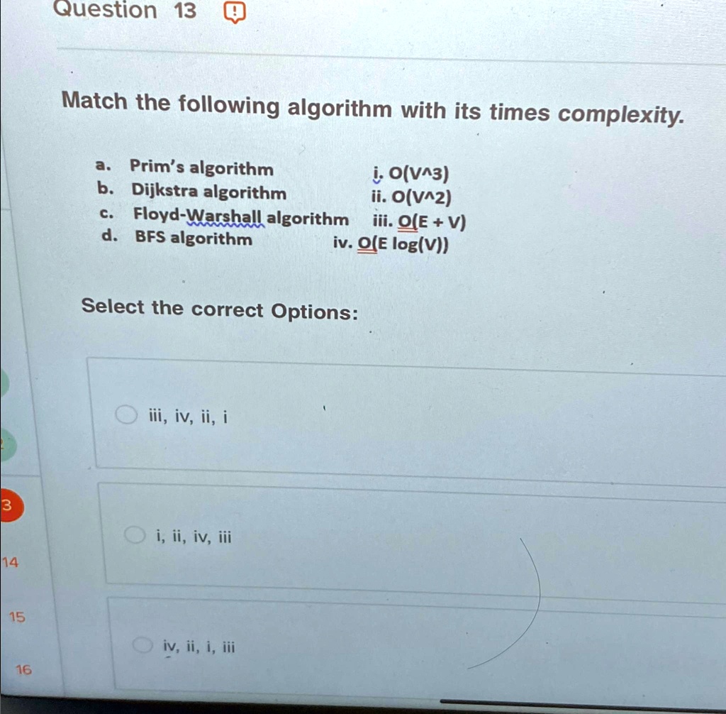 SOLVED: Question 13 Match the following algorithm with its time ...