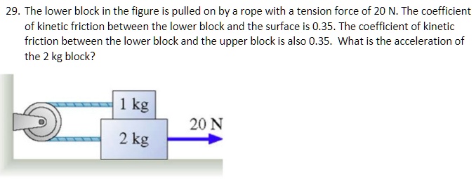 29. The lower block in the figure is pulled on by a rope with a tension force of 20 N. The coefficient of kinetic friction between the lower block and the surface is 0.35. The coefficient of kinetic friction between the lower block and the upper block is also 0.35. What is the acceleration of the 2 kg block?