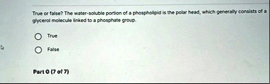 true or false the water soluble portion of a phospholipid is the polar head which generally consists of a glycerol molecule linked to a phosphate group true false part q 7 of 7 20143